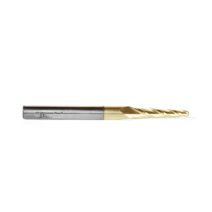 Amana 46286 CNC 2D and 3D Carving 3.6 Deg Tapered Angle Ball Tip 1/8" Dia x 1/16" Radius x 1" x 1/4" Shank x 3" Long x 3 Flute Solid Carbide Up-Cut Spiral ZrN Coated Router Bit