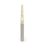 Amana 46286 CNC 2D and 3D Carving 3.6 Deg Tapered Angle Ball Tip 1/8" Dia x 1/16" Radius x 1" x 1/4" Shank x 3" Long x 3 Flute Solid Carbide Up-Cut Spiral ZrN Coated Router Bit