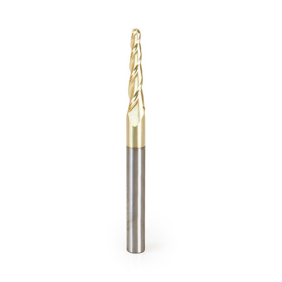 Amana 46286 CNC 2D and 3D Carving 3.6 Deg Tapered Angle Ball Tip 1/8" Dia x 1/16" Radius x 1" x 1/4" Shank x 3" Long x 3 Flute Solid Carbide Up-Cut Spiral ZrN Coated Router Bit