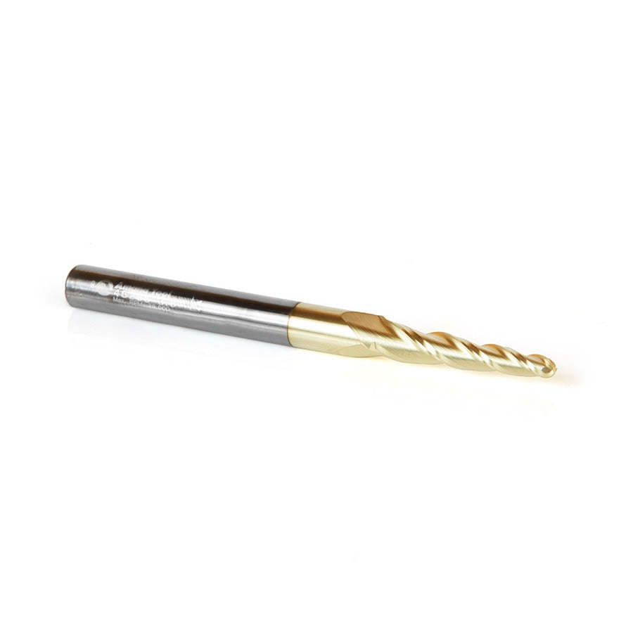 Amana 46286 CNC 2D and 3D Carving 3.6 Deg Tapered Angle Ball Tip 1/8" Dia x 1/16" Radius x 1" x 1/4" Shank x 3" Long x 3 Flute Solid Carbide Up-Cut Spiral ZrN Coated Router Bit