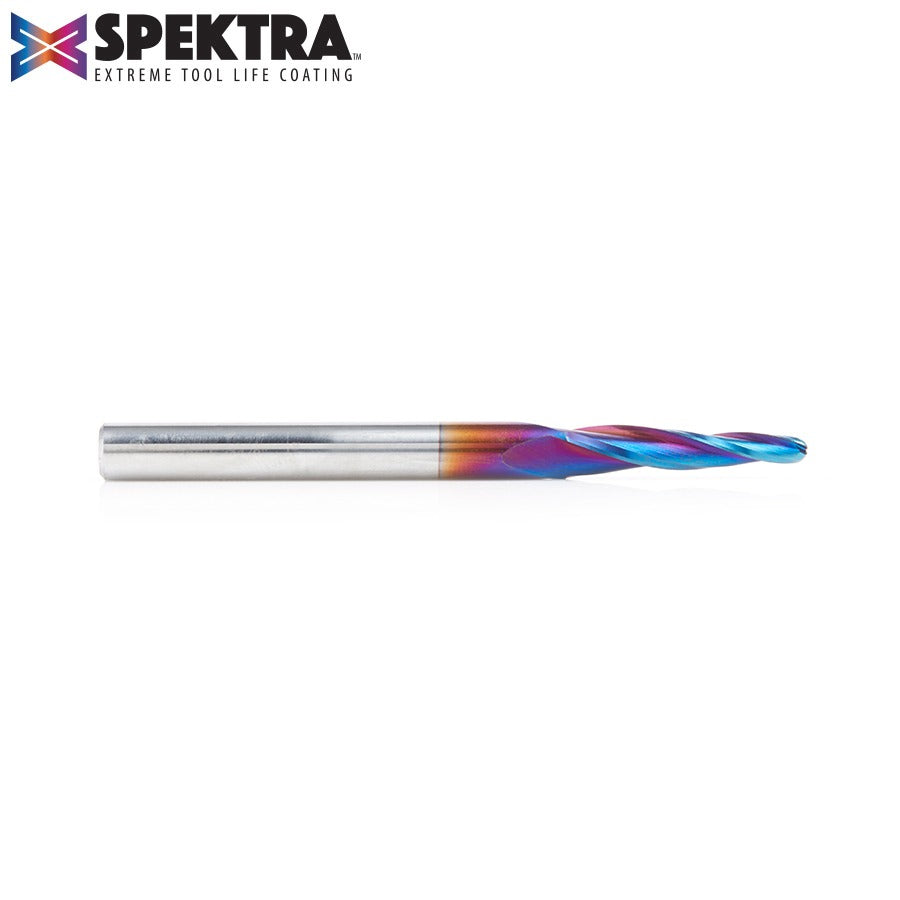 Amana 46286-K CNC 2D and 3D Carving 3.6 Deg Tapered Angle Ball Tip 1/8" Dia x 1/16" Radius x 1" x 1/4" Shank x 3" Long x 3 Flute Solid Carbide Up-Cut Spiral Spektra™ Extreme Tool Life Coated Router Bit