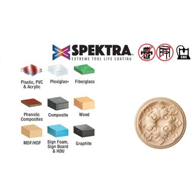 Amana 46286-K CNC 2D and 3D Carving 3.6 Deg Tapered Angle Ball Tip 1/8" Dia x 1/16" Radius x 1" x 1/4" Shank x 3" Long x 3 Flute Solid Carbide Up-Cut Spiral Spektra™ Extreme Tool Life Coated Router Bit