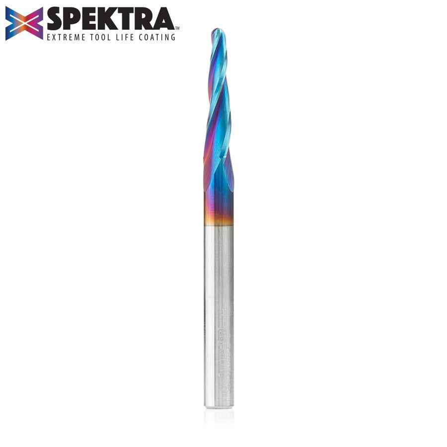 Amana 46286-K CNC 2D and 3D Carving 3.6 Deg Tapered Angle Ball Tip 1/8" Dia x 1/16" Radius x 1" x 1/4" Shank x 3" Long x 3 Flute Solid Carbide Up-Cut Spiral Spektra™ Extreme Tool Life Coated Router Bit