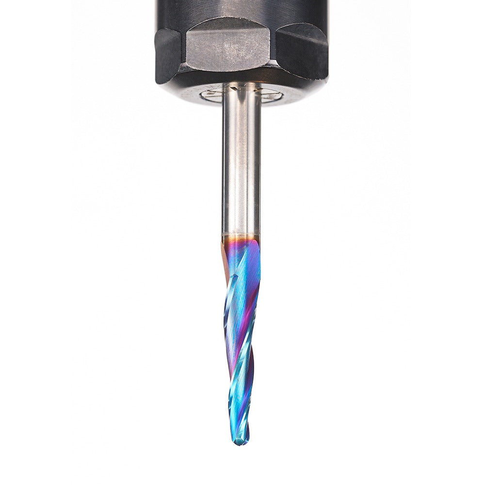 Amana 46286-K CNC 2D and 3D Carving 3.6 Deg Tapered Angle Ball Tip 1/8" Dia x 1/16" Radius x 1" x 1/4" Shank x 3" Long x 3 Flute Solid Carbide Up-Cut Spiral Spektra™ Extreme Tool Life Coated Router Bit