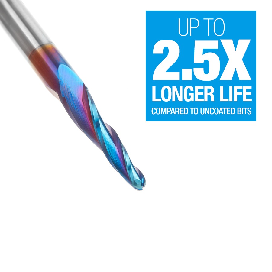 Amana 46286-K CNC 2D and 3D Carving 3.6 Deg Tapered Angle Ball Tip 1/8" Dia x 1/16" Radius x 1" x 1/4" Shank x 3" Long x 3 Flute Solid Carbide Up-Cut Spiral Spektra™ Extreme Tool Life Coated Router Bit