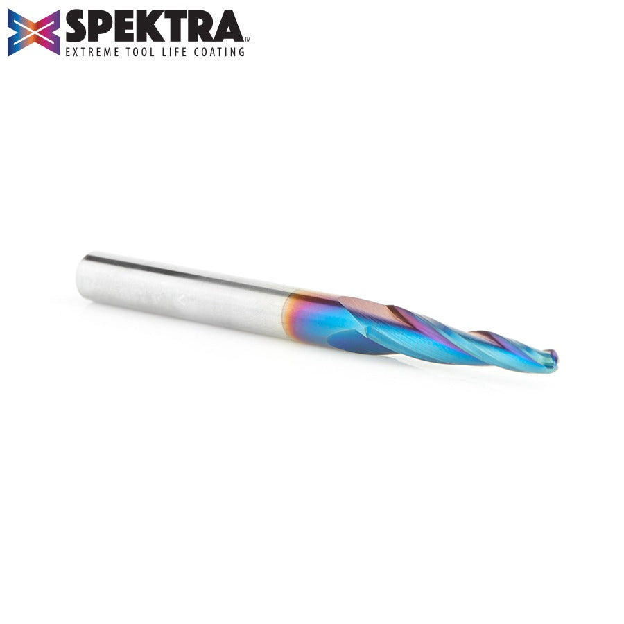 Amana 46286-K CNC 2D and 3D Carving 3.6 Deg Tapered Angle Ball Tip 1/8" Dia x 1/16" Radius x 1" x 1/4" Shank x 3" Long x 3 Flute Solid Carbide Up-Cut Spiral Spektra™ Extreme Tool Life Coated Router Bit