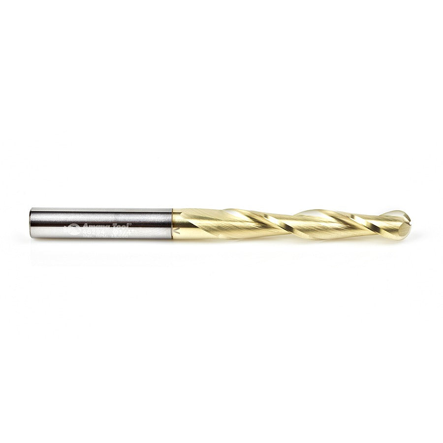 Amana 46294 CNC 2D and 3D Carving 0.10 Deg Straight Angle Ball Tip 1/4" Dia x 1/8" Radius x 1-1/2" x 1/4" Shank x 3" Long x 2 Flute Solid Carbide ZrN Coated Router Bit