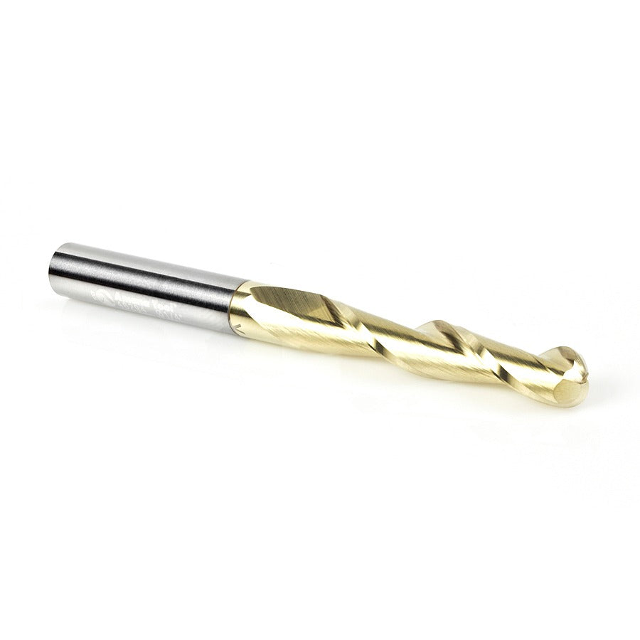 Amana 46294 CNC 2D and 3D Carving 0.10 Deg Straight Angle Ball Tip 1/4" Dia x 1/8" Radius x 1-1/2" x 1/4" Shank x 3" Long x 2 Flute Solid Carbide ZrN Coated Router Bit