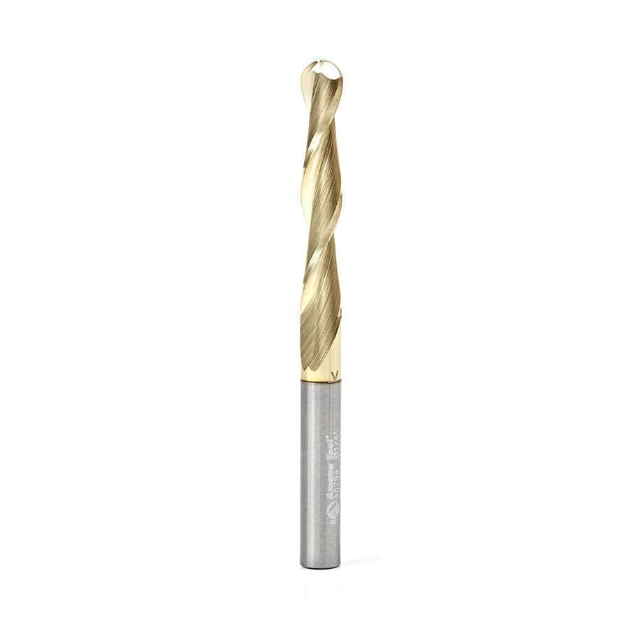 Amana 46294 CNC 2D and 3D Carving 0.10 Deg Straight Angle Ball Tip 1/4" Dia x 1/8" Radius x 1-1/2" x 1/4" Shank x 3" Long x 2 Flute Solid Carbide ZrN Coated Router Bit
