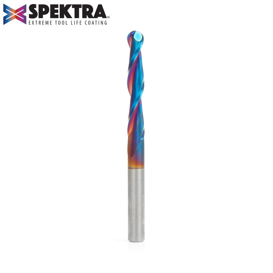 Amana 46294-K CNC 2D and 3D Carving 0.10 Deg Straight Angle Ball Tip 1/4" Dia x 1/8" Radius x 1-1/2" x 1/4" Shank x 3" Long x 2 Flute Solid Carbide Spektra™ Extreme Tool Life Coated Router Bit