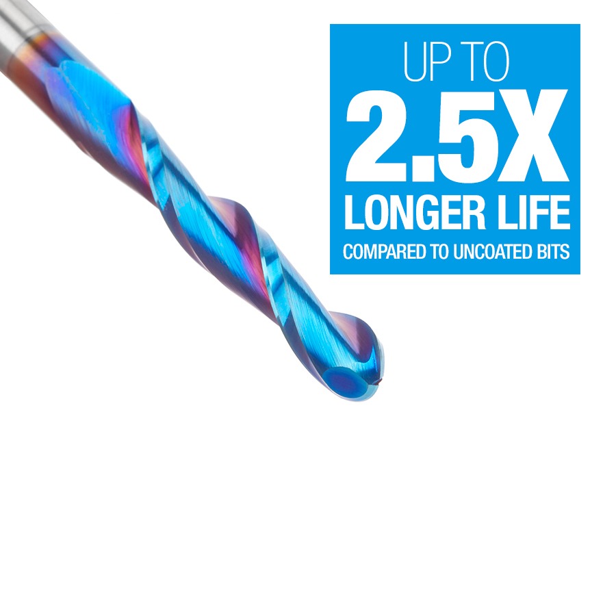 Amana 46294-K CNC 2D and 3D Carving 0.10 Deg Straight Angle Ball Tip 1/4" Dia x 1/8" Radius x 1-1/2" x 1/4" Shank x 3" Long x 2 Flute Solid Carbide Spektra™ Extreme Tool Life Coated Router Bit