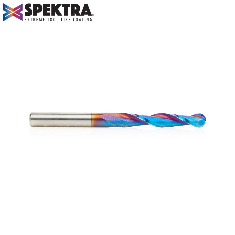 Amana 46294-K CNC 2D and 3D Carving 0.10 Deg Straight Angle Ball Tip 1/4" Dia x 1/8" Radius x 1-1/2" x 1/4" Shank x 3" Long x 2 Flute Solid Carbide Spektra™ Extreme Tool Life Coated Router Bit