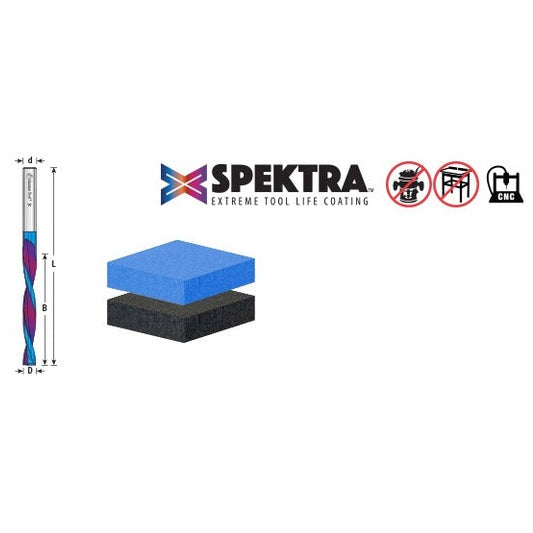 Amana 46566-K Solid Carbide CNC Spektra™ Extreme Tool Life Coated Foam Down-Cut Cutting Square End Spiral 1/4" Dia x 2-1/4" x 1/4" Shank x 4" Long Router Bit