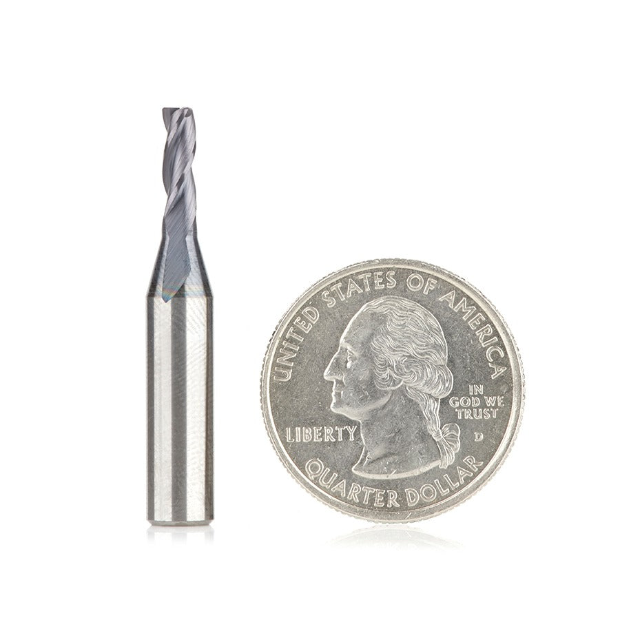 Amana 51460 CNC Solid Carbide Spiral for Steel & Stainless Steel with AlTiN Coating 3-Flute x 1/8" Dia x 3/8" x 1/4" Shank x 1-1/2" Long Up-Cut Router Bit / 45º Corner Chamfer End Mill