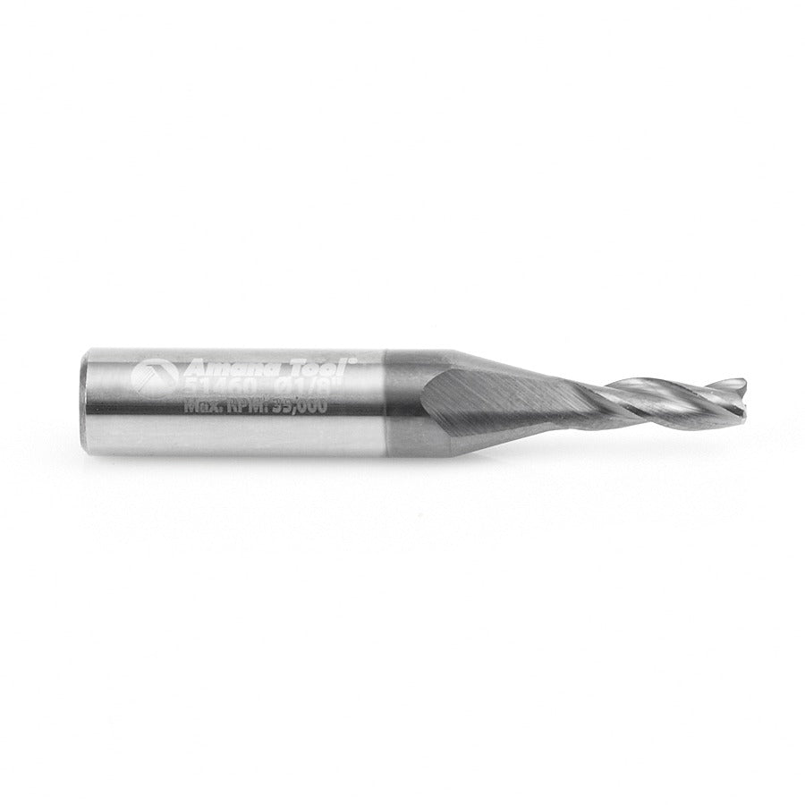 Amana 51460 CNC Solid Carbide Spiral for Steel & Stainless Steel with AlTiN Coating 3-Flute x 1/8" Dia x 3/8" x 1/4" Shank x 1-1/2" Long Up-Cut Router Bit / 45º Corner Chamfer End Mill