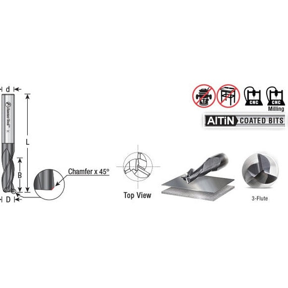 Amana 51464 CNC Solid Carbide Spiral for Steel & Stainless Steel with AlTiN Coating 3-Flute x 1/4" Dia x 5/8" x 1/4" Shank x 2-3/8" Long Up-Cut Router Bit / 45º Corner Chamfer End Mill