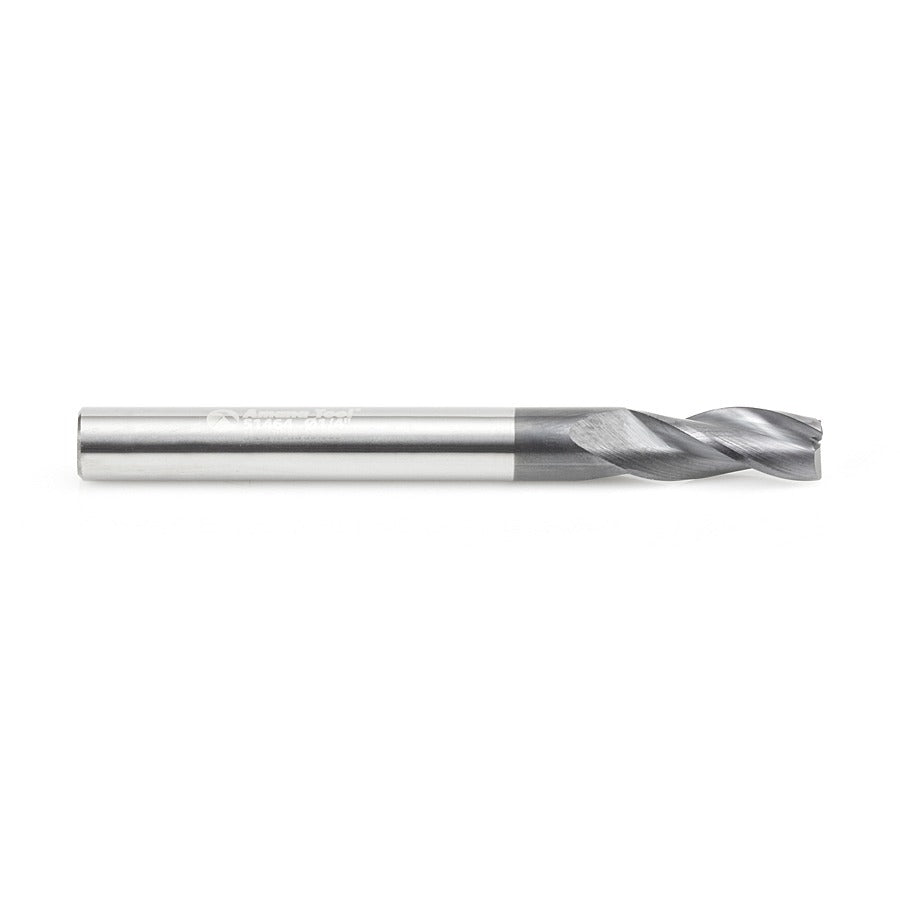 Amana 51464 CNC Solid Carbide Spiral for Steel & Stainless Steel with AlTiN Coating 3-Flute x 1/4" Dia x 5/8" x 1/4" Shank x 2-3/8" Long Up-Cut Router Bit / 45º Corner Chamfer End Mill