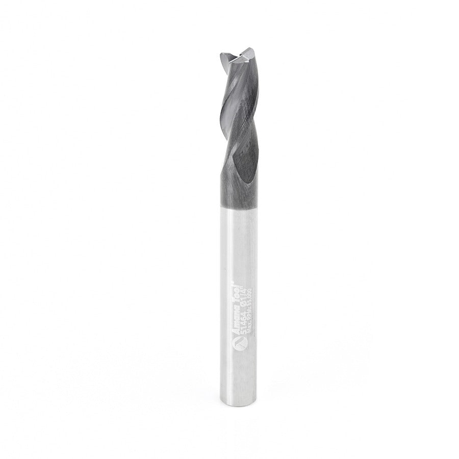 Amana 51464 CNC Solid Carbide Spiral for Steel & Stainless Steel with AlTiN Coating 3-Flute x 1/4" Dia x 5/8" x 1/4" Shank x 2-3/8" Long Up-Cut Router Bit / 45º Corner Chamfer End Mill