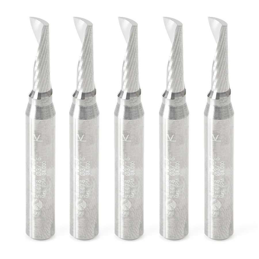 Amana 51478-5 5-Pack Solid Carbide CNC Spiral 'O' Single Flute, Aluminum Cutting 3/16" Dia x 5/8" x 1/4" Shank x 2" Long Up-Cut Router Bits