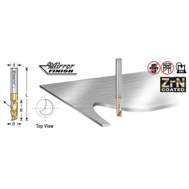 Amana 51478-Z Solid Carbide CNC Spiral 'O' Flute, Aluminum Cutting 3/16" Dia x 5/8" x 1/4" Shank Up-Cut ZrN Coated Router Bit