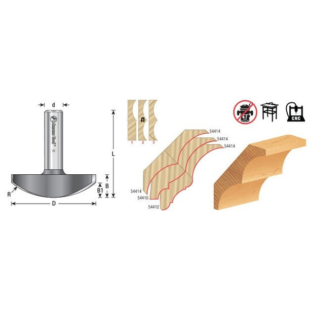 Amana 54414 Carbide Tipped Horizontal Crown Molding 1-3/4" Radius x 2-1/4" Dia x 5/8" x 1/2" Shank