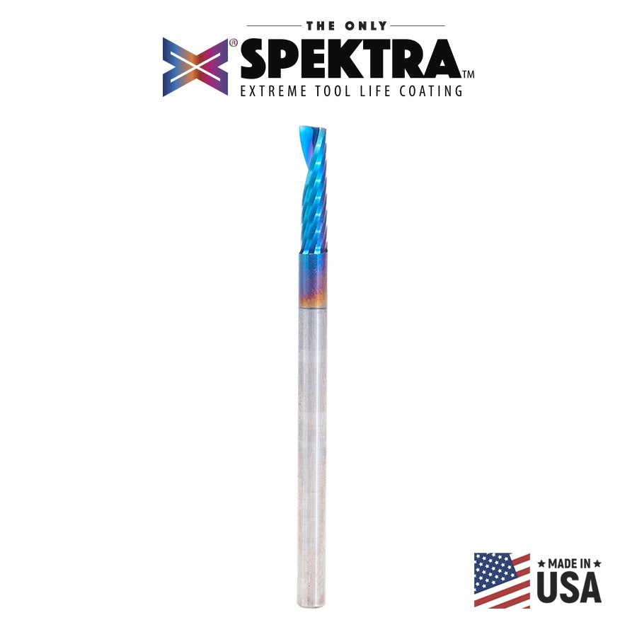 Amana 57365-K Solid Carbide CNC Spektra™ Extreme Tool Life Coated Spiral 'O' Flute, Plastic Cutting for Improved Bottom Surface Finish 1/8" Dia x 1/2" x 1/8" Shank Up-Cut Router Bit