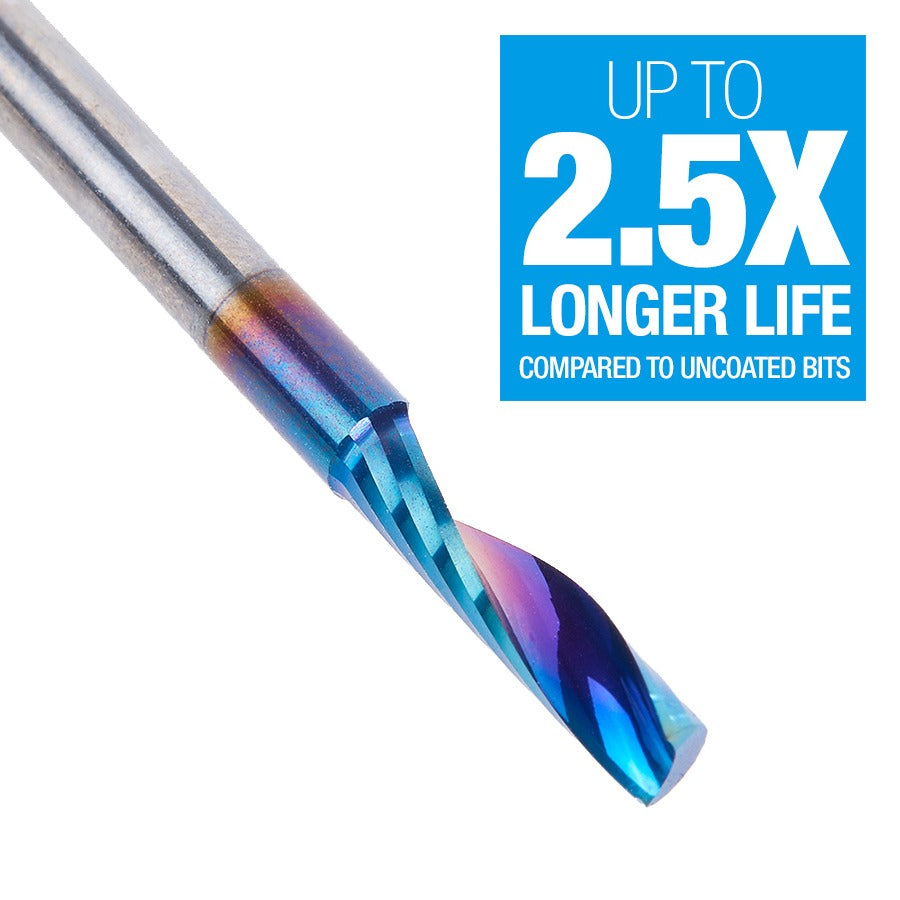 Amana 57365-K Solid Carbide CNC Spektra™ Extreme Tool Life Coated Spiral 'O' Flute, Plastic Cutting for Improved Bottom Surface Finish 1/8" Dia x 1/2" x 1/8" Shank Up-Cut Router Bit