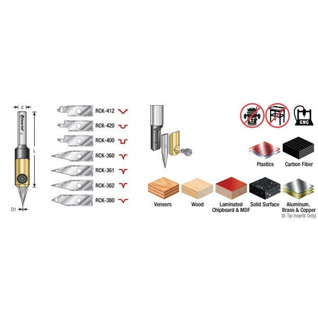 Amana AMS-210 8-Piece In-Groove Insert Engraving Tool Body & Knives 1/4" Shank Set