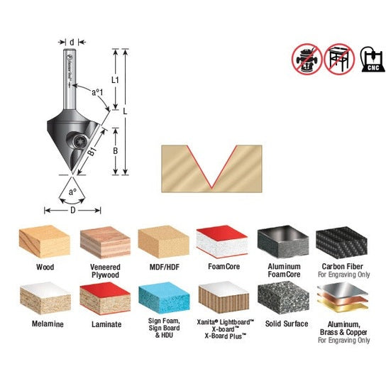 Amana RC-1108 Insert V-Groove 60 Deg x 1-1/16" Dia x 29/32" x 1/2" Shank CNC