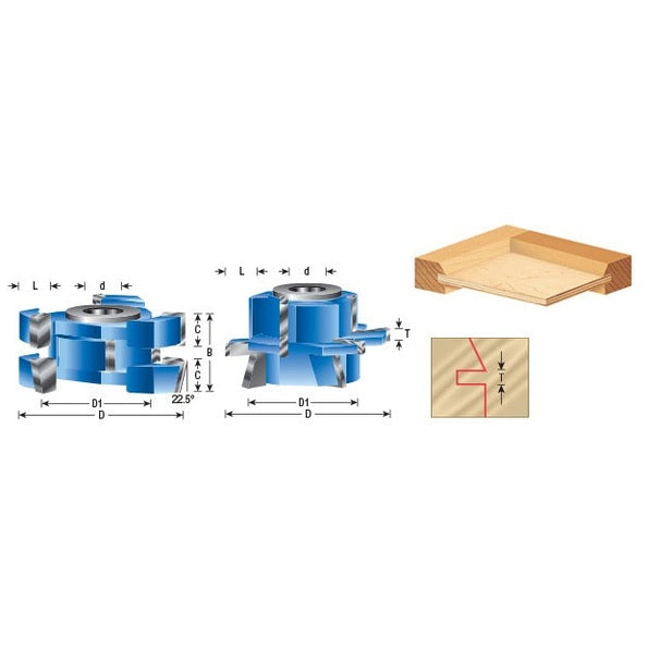 Amana SC565 2-Piece Carbide Tipped 3-Wing Instile & Rail Adjustable Cabinet Door 22-1/2" Degree Bevel x 2-3/8" Dia x 1-1/16" to 1-21/64" x 1/2" & 3/4" Bore Set for 5/8" to 1-1/4" Material