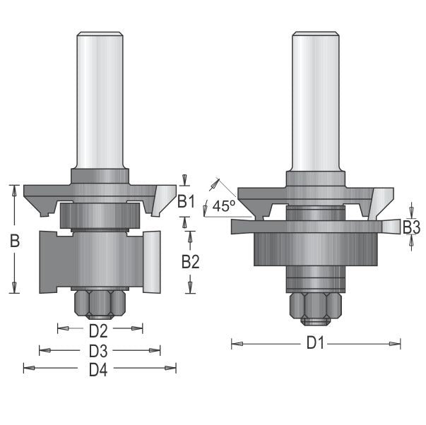 Dimar 141R8-50 1-13/16" Dia, Carbide Tipped, Tongue & Groove Bevel Bit Set, 2 Flutes, 1/2" Shank, 3" Length