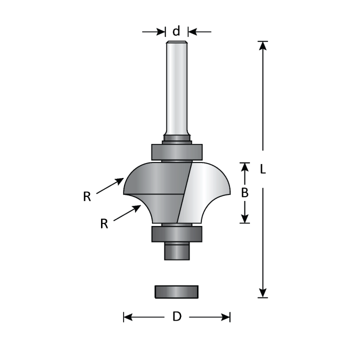 Dimar 912R4-8 - 1 1/4" Dia, Carbide Tipped, Matching Corner Round Bits, 2 Flutes, 1/4" Shank, 2 23/32" Length