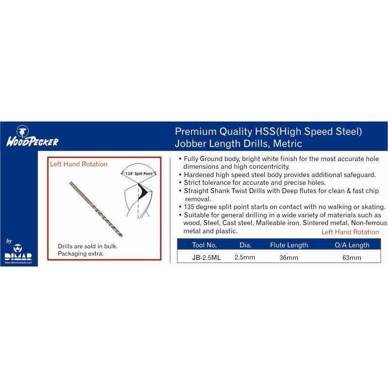 Dimar JB-2.5ML 2.5mm Dia, HSS, Jobber Drill, LH, 57mm Length