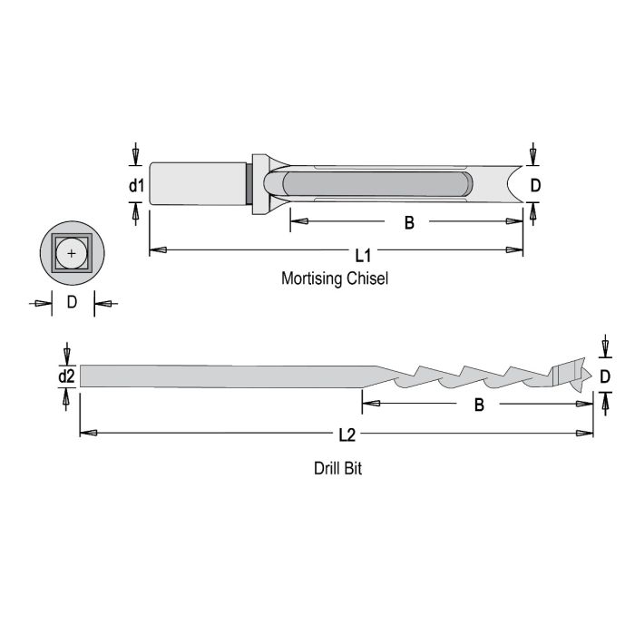 Dimar MQC-005 - 1/2" Dia, Hardened Steel, Mortising Chisel and Drill Bit Set. 3/4" Shank, Cutting Length 3 5/32", Length 8 1/4"