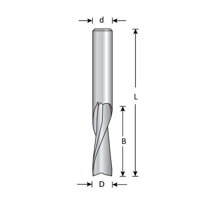 Dimar SC44 - 5/32" Dia, Solid Carbide, Spiral Bit for Man Made material, 2 Flute, Upcut, 5/8" Cutting Length, 1/4" Shank, 2 1/2" Length