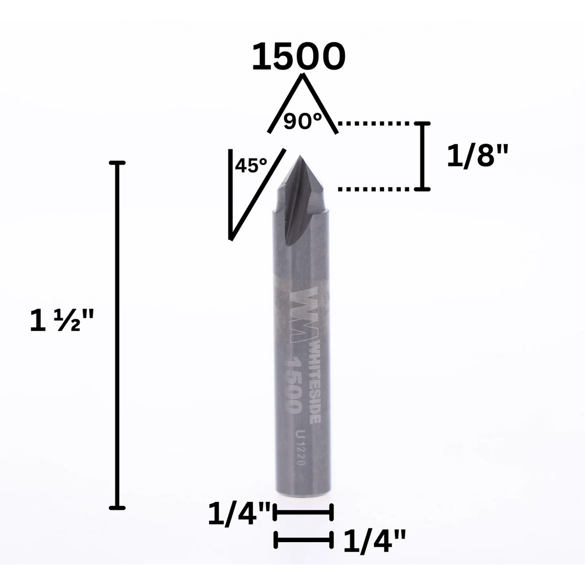 Whiteside 1500 90° V-Groove Bit, 1/4"SH, 1/4"CD, 1/8"PL