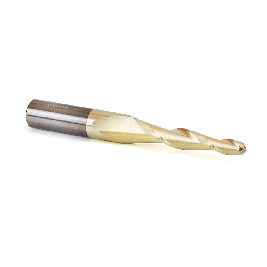 Amana 46283 CNC 2D and 3D Carving 3 Deg Tapered Angle Ball Tip 1/4" Dia x 1/8" Radius x 2" x 1/2" Shank x 4" Long x 2 Flute Solid Carbide Up-Cut Spiral ZrN Coated Router Bit