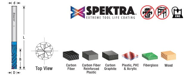 Amana 46260-K Solid Carbide CNC Spektra™ Extreme Tool Life Coated Spiral Carbon Graphite & Carbon Fiber Panel Cutting 1/8" Dia x 1/2" x 1/8" Shank x 2" Long Down-Cut Router Bit
