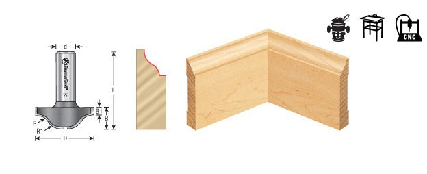 Amana 54297 Carbide Tipped Base Molding Ogee Edge Detail 5/16" x 3/8" Radius x 1-7/16" Dia x 19/32" x 1/2" Shank
