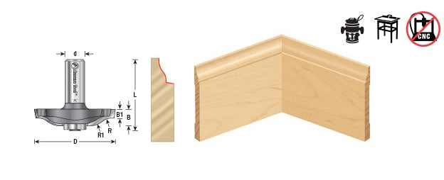 Amana 54299 Carbide Tipped Base Molding Ogee Edge Detail with BB 19/64" x 13/32" Radius x 1-53/64" Dia x 3/8" x 1/2" Shank