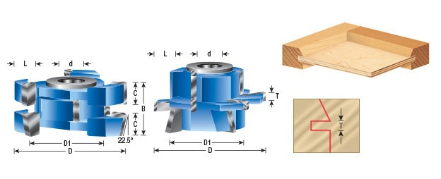 Amana SC565 2-Piece Carbide Tipped 3-Wing Instile & Rail Adjustable Cabinet Door 22-1/2" Degree Bevel x 2-3/8" Dia x 1-1/16" to 1-21/64" x 1/2" & 3/4" Bore Set for 5/8" to 1-1/4" Material