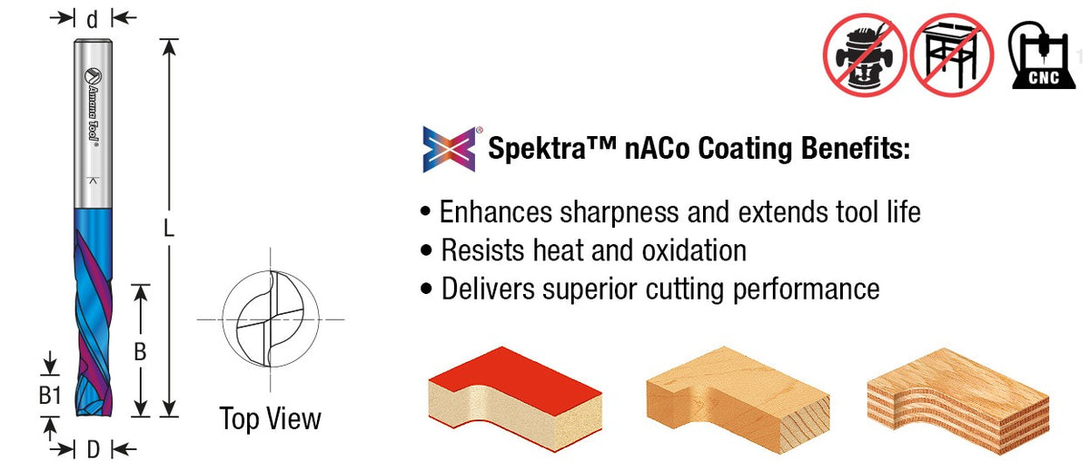 Amana 46199-K CNC Solid Carbide Spektra™ Extreme Tool Life Coated Compression Spiral 1/2" Dia x 2" x 1/2" Shank
