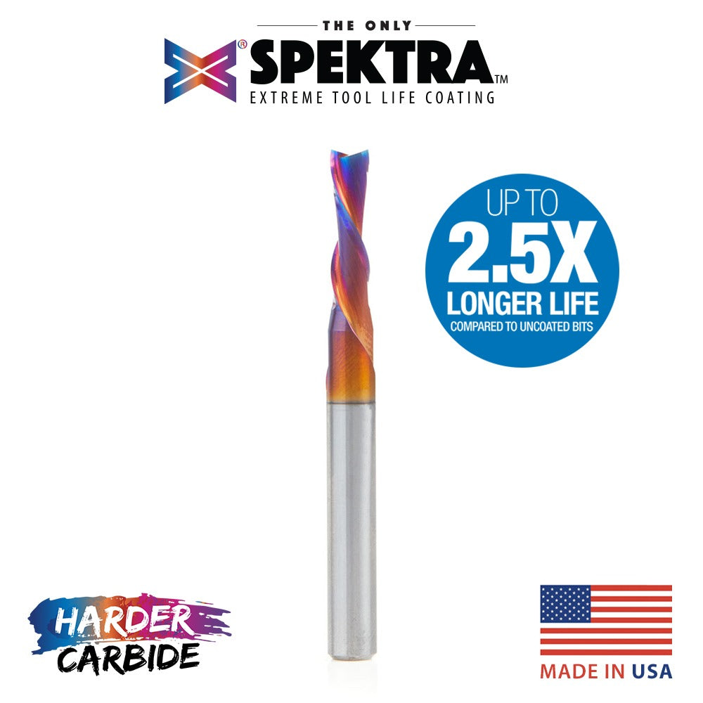 Amana 46211-K Solid Carbide Spektra™ Extreme Tool Life Coated Spiral Plunge 5mm Dia x 3/4" x 1/4" Shank Down-Cut Router Bit for Drilling Shelf Pin Holes