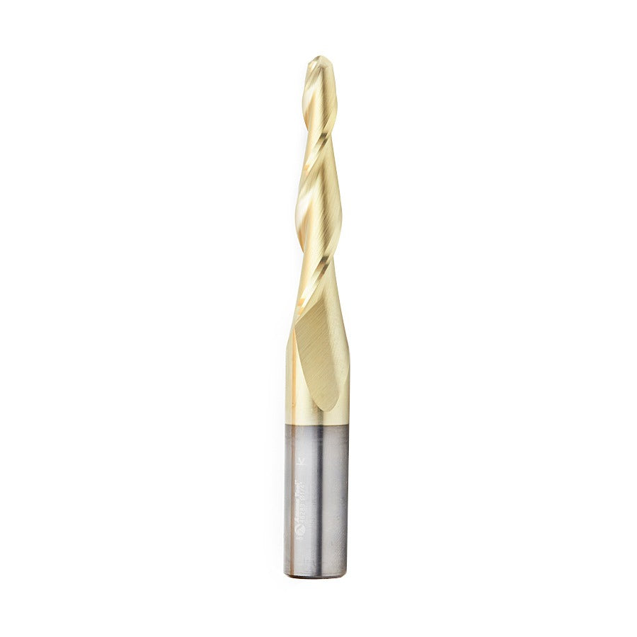 Amana 46283 CNC 2D and 3D Carving 3 Deg Tapered Angle Ball Tip 1/4" Dia x 1/8" Radius x 2" x 1/2" Shank x 4" Long x 2 Flute Solid Carbide Up-Cut Spiral ZrN Coated Router Bit