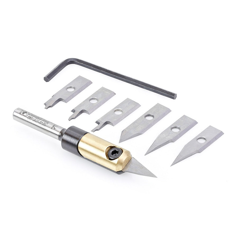 Amana AMS-210 8-Piece In-Groove Insert Engraving Tool Body & Knives 1/4" Shank Set