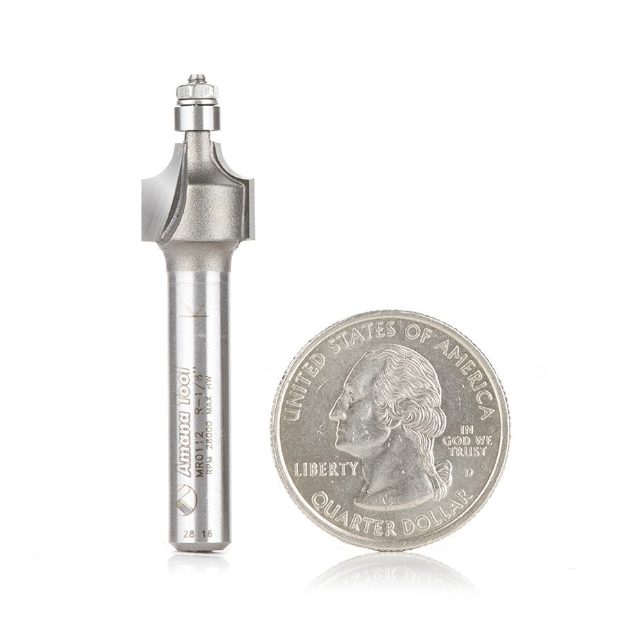 Amana MR0112 Carbide Tipped Miniature Corner Rounding 1/8" Radius x 7/16" Dia x 3/8" x 1/4" Shank with Mini 3/16" Dia Lower Ball Bearing