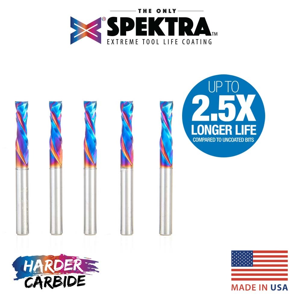 Amana 46170-K-5 5-Pack CNC Solid Carbide Spektra™ Extreme Tool Life Coated Compression Spiral 1/4" Dia x 7/8" x 1/4" Shank