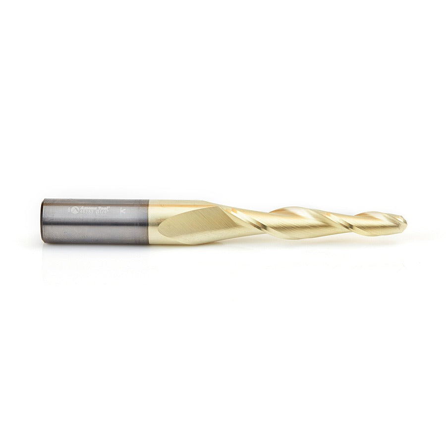 Amana 46283 CNC 2D and 3D Carving 3 Deg Tapered Angle Ball Tip 1/4" Dia x 1/8" Radius x 2" x 1/2" Shank x 4" Long x 2 Flute Solid Carbide Up-Cut Spiral ZrN Coated Router Bit