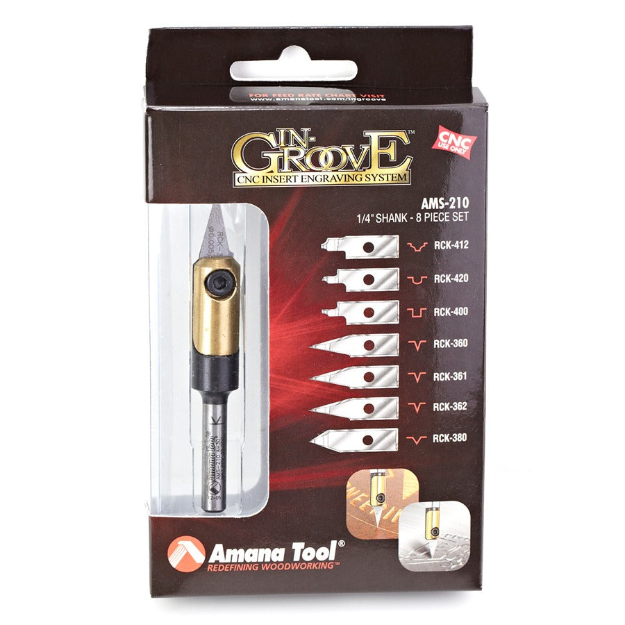 Amana AMS-210 8-Piece In-Groove Insert Engraving Tool Body & Knives 1/4" Shank Set