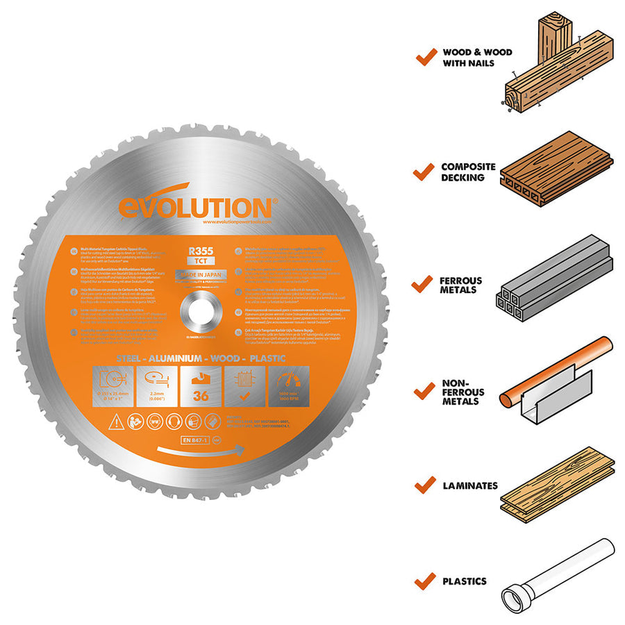 Evolution 14 In. 36T, 1 In. Arbor, Tungsten Carbide Tipped Multi-Material Cutting Blade